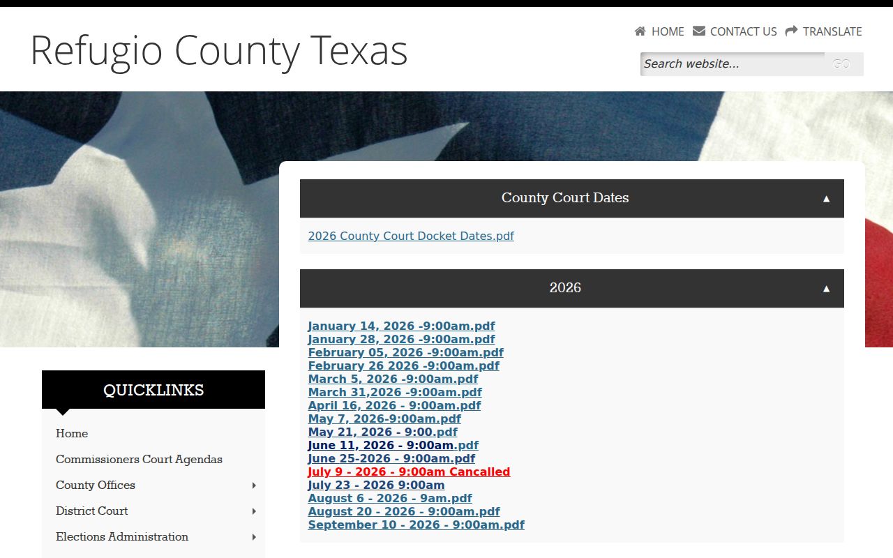 Refugio court docket archive for County Court dates